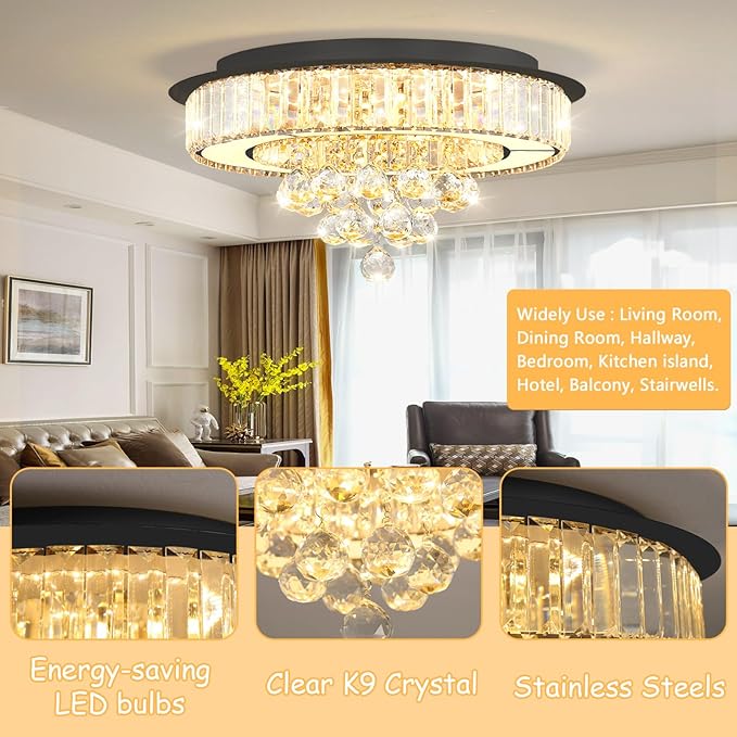19.6" Black Modern Crystal Chandeliers for Dining Room LED Dimmable Light Fixtures Flush Mount Light Living Room Bedrooms