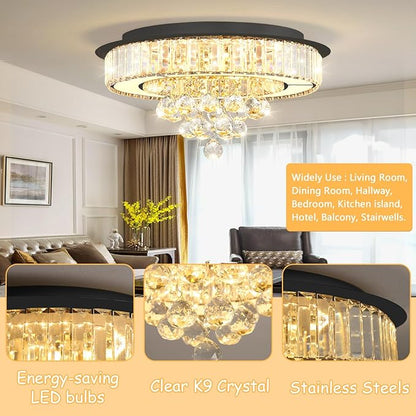 19.6" Black Modern Crystal Chandeliers for Dining Room LED Dimmable Light Fixtures Flush Mount Light Living Room Bedrooms