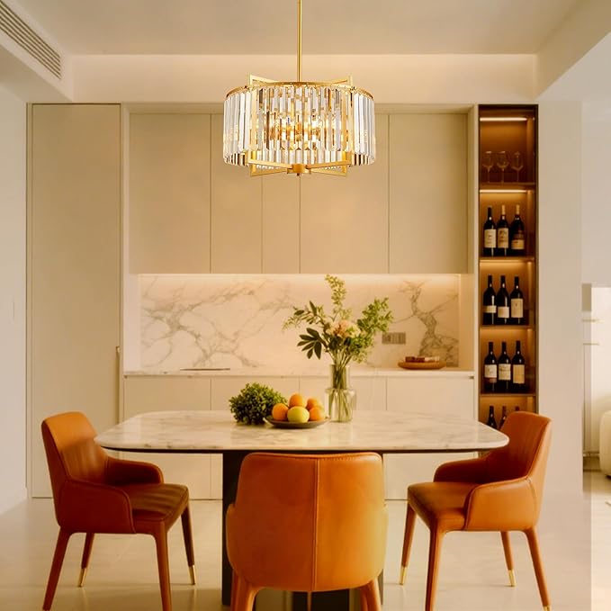 Modern Drum Crystal Chandelier for Dining Room, 20" Round Rustic 5-Light Gold Pendant Lightting Fixture for Living Room Kitchen Island Bedroom Hallway Foyer