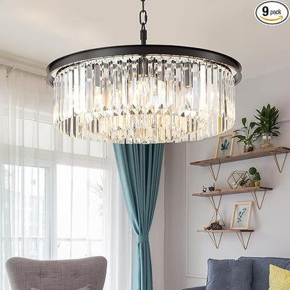 Black Crystal Chandelier Modern Luxury Chandelier Ceiling Lights Fixture for Dining Living Room Bedroom 9-Lights 3-Tier Raindrop Chandeliers Lighting (Black, Dia 24 Inch)