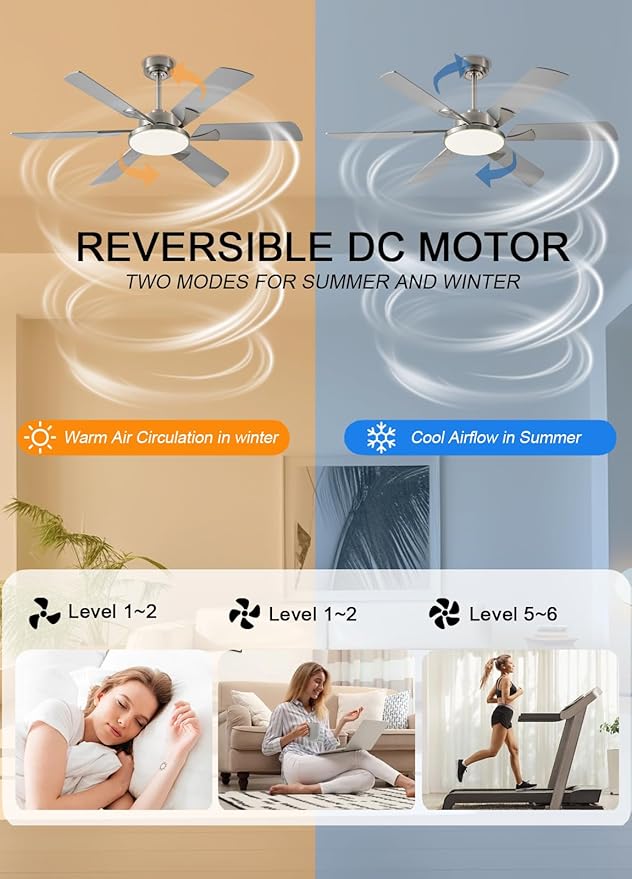 JSAITEE 52 Inch Low Profile Ceiling Fan with Light, Remote & App Control, 3CCT Dimmable,6 Speed 6 Blades Ceiling Fans, Quiet Reversible DC Motor, Modern Nickel Ceiling Fan for Bedroom Living Room