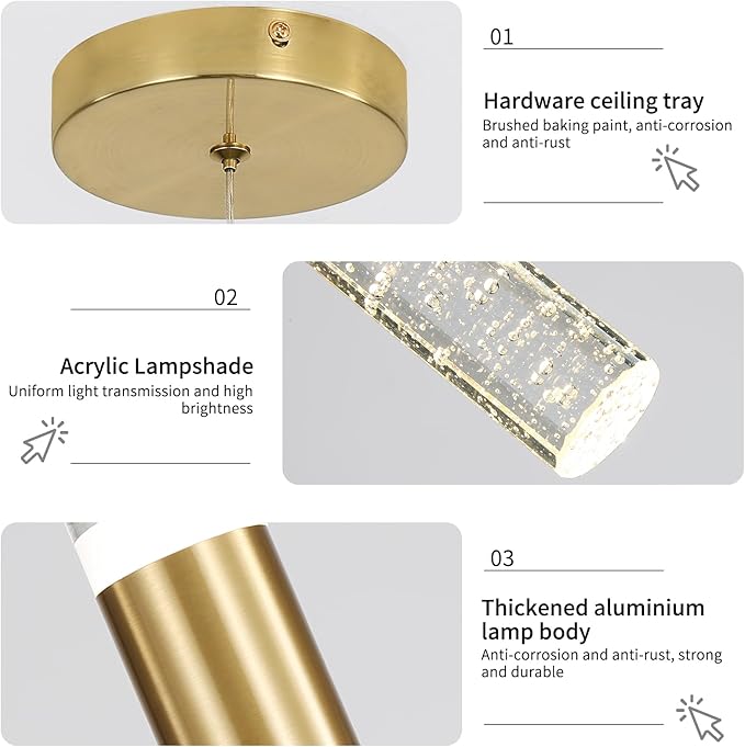 2 Pack Modern Kitchen Island Pendant Lights, Gold Bubble Crystal Ceiling Hanging Light, 3 Color 2700K/4500K/6500K, Mini Linear LED Chandelier Lighting for Dining Room, Bedroom, Bar, Hallway, Bedside