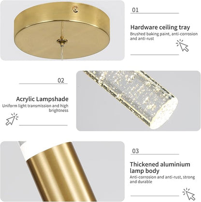 3 Pack Modern Kitchen Island Pendant Lights, Gold Bubble Crystal Ceiling Hanging Light, 3 Color 2700K/4500K/6500K, Mini Linear LED Chandelier Lighting for Dining Room, Bedroom, Bar, Hallway, Bedside