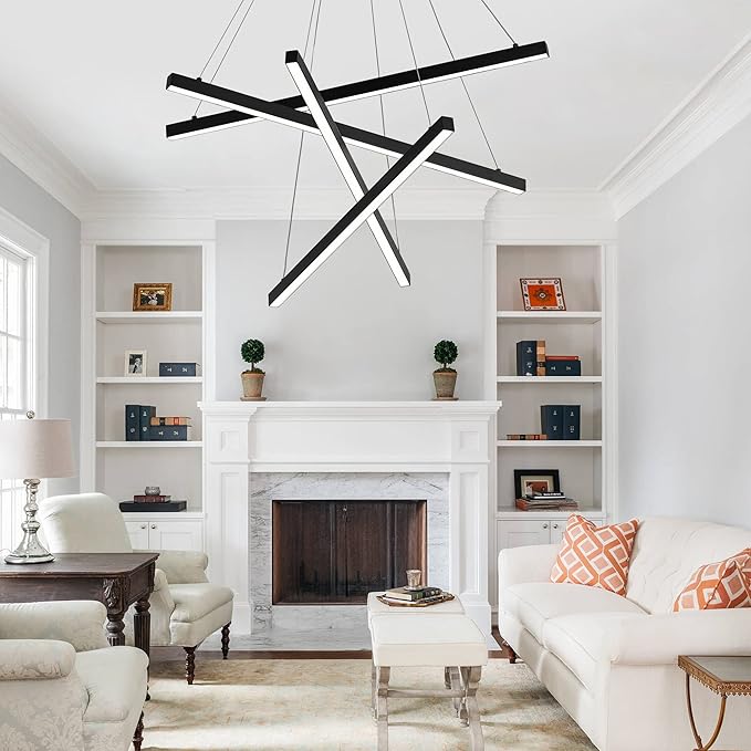 Modern Led Chandelier, High Ceiling Chandelier, Linear Chandelier 4 Lights Black Dimmable Large Pendant Light 51.8“ for Living Room Staircase Entry Foyer Lobby Office Duplex
