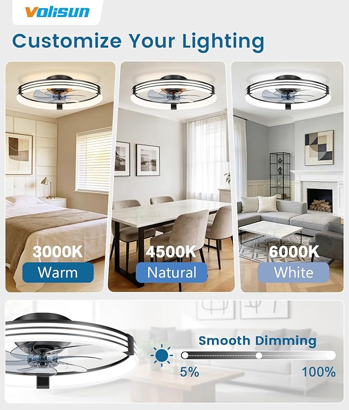 VOLISUN Low Profile Ceiling Fans with Lights and Remote, 20in Flush Mount Ceiling Fan with Light, 3000K-6500K Dimmable Fandelier LED Fan Light, Black Bladeless Ceiling Fans with Lights for Bedroom