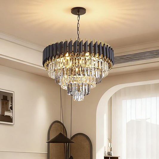 Large Crystal Chandelier 24Inch Dining Room Light Fixtures 5 Tiers Flush Mount Smoke Grey and Gold Chandelier 10 Lights Round Large Chandeliers for Dining Room