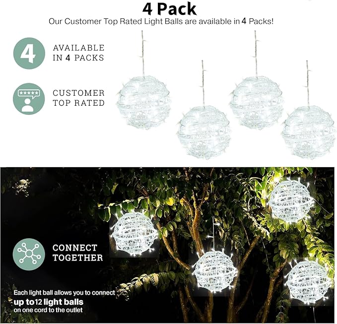 Outdoor Christmas Ball Lights 4 Pack Hanging 15.7" LED Garden Sphere Tree Lights 8 Modes Waterproof Glow Globe Light with Memory Timer Plug for Yard Porch Eave Patio Home Bedroom Decoration-Cool White