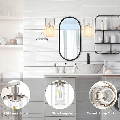 Licperron Wall Sconces Set of Two, Brushed Nickel Modern Wall Sconces Lighting with Clear Glass Shade, Industiral Bathroom Vanity Light Fixtures, Farmhouse Wall Lamp for Bedroom Mirror Living Room