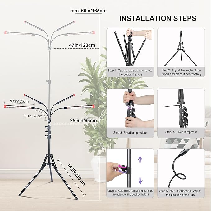 FRGROW 4Head Grow Light with Stand for Tall Indoor Plants, Bonsai Tree, Bright Full Spectrum Plant Growing Lamps, 4/8/12/16/20H Timer, 36 Watt Power Draw, NO Need Adapter, 360° Gooseneck