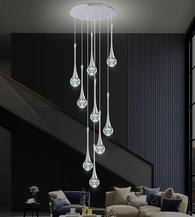 Modern Chrome Crystal Chandelier for High Ceiling 9-Lights, 99 Inches Luxury Spiral Dimmable LED Bubble Raindrop Pendant Lighting Fixture for Staircase Foyer Entryway Living Room
