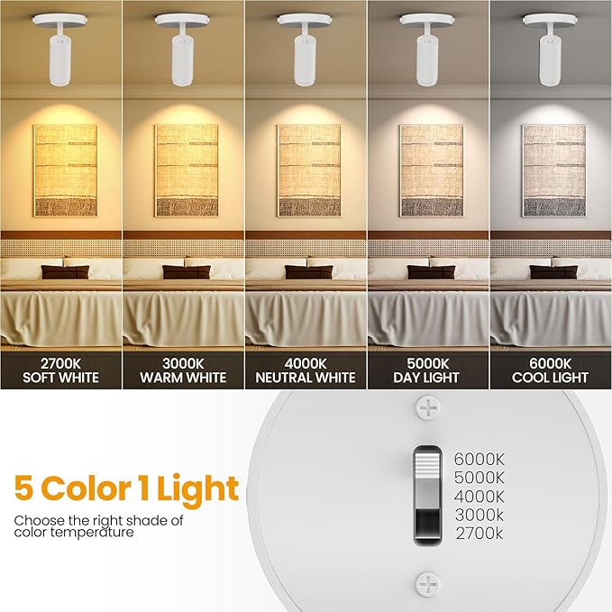 5-Color Zoomable Ceiling Spot Lights Indoor Fixtures 15-60° Adjustable Beam Angle, Dimmable 10W Directional Ceiling Spotlight Flush Mount for Living Room Bedroom Kitchen White 2 Pack