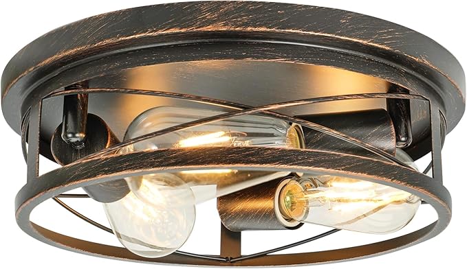 Farmhouse Ceiling Light - Dimmable Rustic Black Flush Mount E26 Industrial Ceiling Modern Led for Hallway Livingroom Kitchen Bedroom (1 Pack - Black Gold, 12 Inch - 3 Lamp Holders)