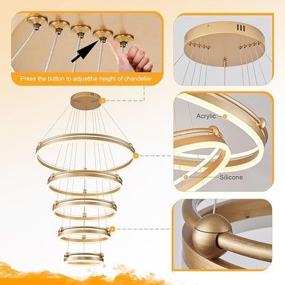 Benkut 5-Rings Modern LED Chandelier Gold Dimmable Large High Ceiling Chandeliers Foyer, Remote Pendant Lighting for Foyer Entryway Dining Room Living Room Staircase(10-Ring Lighting, D30in)