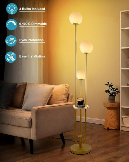 63IN Dimmable Floor Lamp with Shelf, Unique Globe Gold Tall Standing Lamps, 3000K Warmwhite Mid Century Modern Floor Lamp with 5Lbs Heavy Base for Living Room Home Office(Bulbs Included)