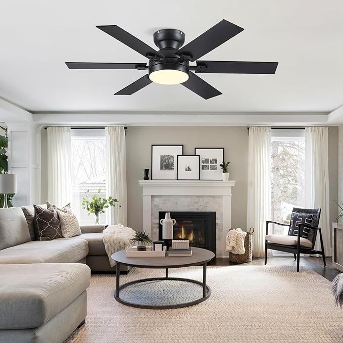 46" Low Profile Ceiling Fans with Lights and Remote,Black Indoor Ceiling Fans with Quiet Reversible DC Motor, Modern Flush Mount Ceiling Fans Light for Bedroom Kitchen