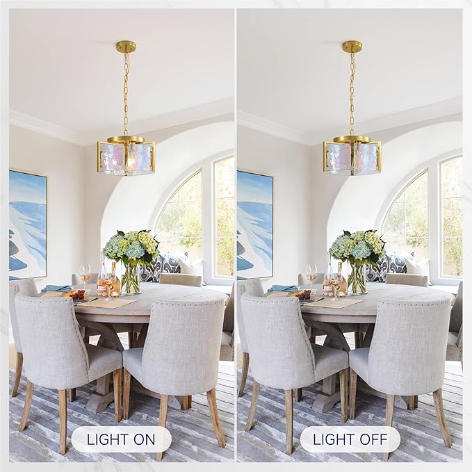 Gold Glass Chandelier for Dining Room,3 Light Pendant Lighting Modern Kitchen Chandeliers Over Table Drum Light Fixture Ceiling Hanging Round Chandelier for Bedroom Living room Entryway Foyer Bathroom