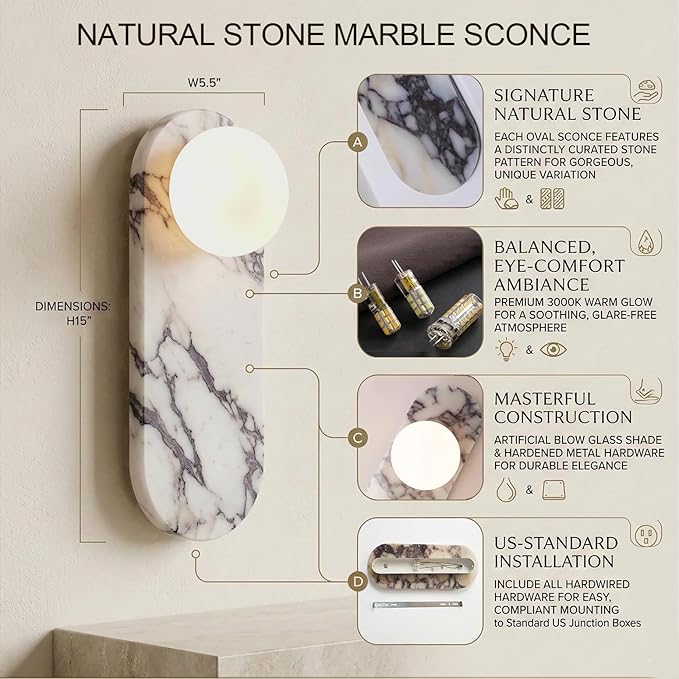 Natural Marble Wall Sconces, Alabaster Wall Light, Hardwired Wall Light Fixtures, Modern Wall Mount Wall Lights for Dining Room Stairs Bedroom