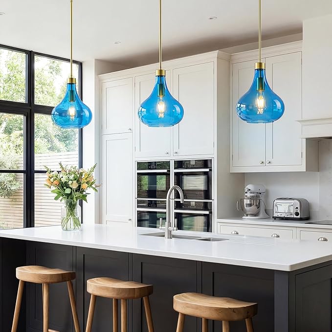 Modern Glass Pendant Light 9.44 in Blue Glass Shade Gold Farmhouse Island Pendant Lights for Kitchen Pendant Lighting Over Sink Bedroom Dining Room