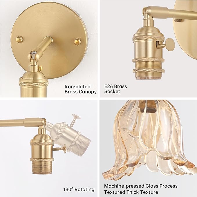 Shenmoyl Vintage Battery Operated Wall Sconce, Rechargeable Battery Powered Wall Sconces with Remote Control, Wireless Dimmable LED Light for Bedside Indoor Living Room (Amber Lily)
