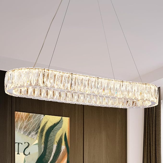 Depuley Crystal Chandeliers for Dining Room: 35.4 Inch Modern Linear Chandelier Contemporary Rectangle Pendant Light Fixture for Kitchen Island Bar Over Table with Remote Control