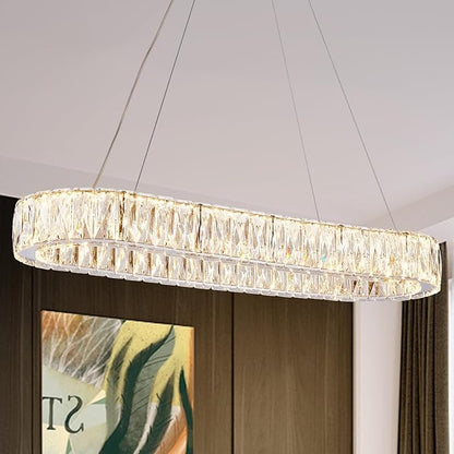 Depuley Crystal Chandeliers for Dining Room: 35.4 Inch Modern Linear Chandelier Contemporary Rectangle Pendant Light Fixture for Kitchen Island Bar Over Table with Remote Control