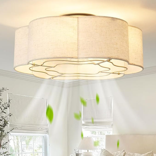 Caged Ceiling Fan with Lights, Flush Mount 20" Boho Ceiling Fans with Lights Remote Control, Low Profile Fabric Bladeless with 6 Speeds for Bedroom, Nursery, Kitchen