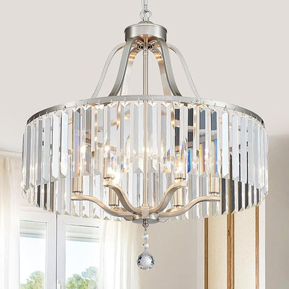 Brushed Nickel Chandeliers for Dining Room 21.7 Inch Crystal Light Fixture 6-Light Modern Farmhouse Round Large Chandeliers for Kitchen Hallway Bedroom Foyer Adjustable Height Hanging Lamp