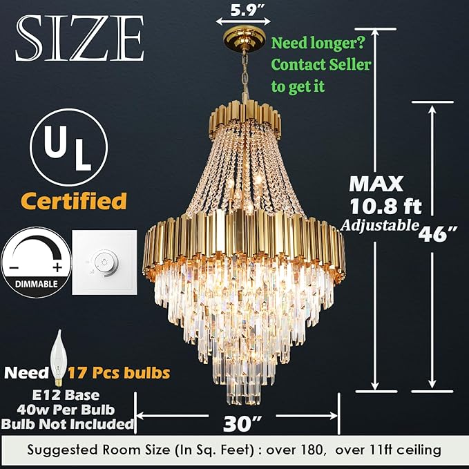 Luxury Crystal Chandelier for High Ceilings, 30" 17-Light Gold Lighting Fixture for Foyer Entryway, Stairway, Open Dining Room
