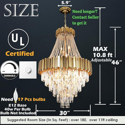 Luxury Crystal Chandelier for High Ceilings, 30" 17-Light Gold Lighting Fixture for Foyer Entryway, Stairway, Open Dining Room
