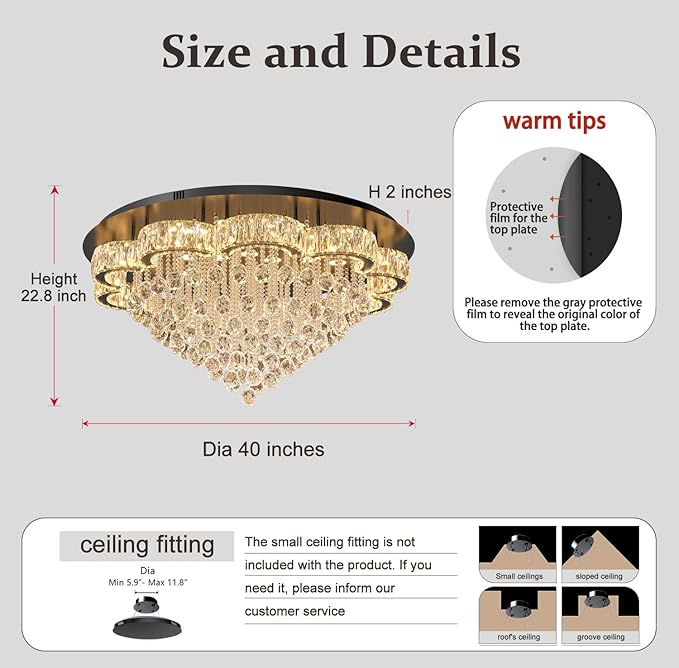 Flashing God 40inches Modern Crystal Chandelier for Living Room Round Ceiling Pendant Light Fixtures Luxury Flush Mount Chandelier for Entry Dining Room Bedroom