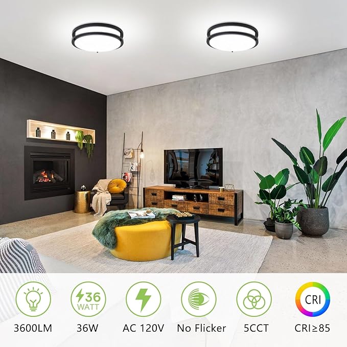 Flush Mount Ceiling Light - 2 Pack 36W 3000K/3500K/4000K/5000K/6000K Dimmable Led Ceiling Light Fixture for Kitchen Hallway Bedroom Bathroom (2, Black, 13 Inch)