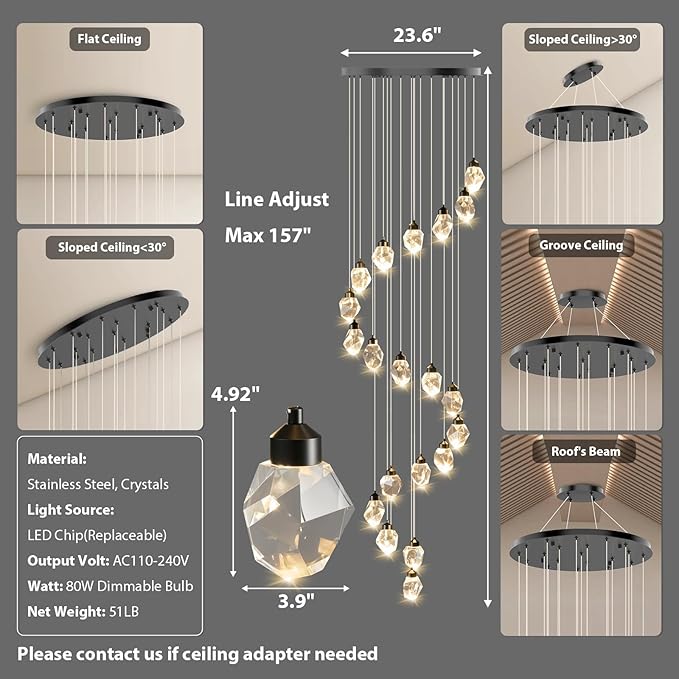 Crystal LED High Ceiling Chandelier: Remote Dimmable Long Pendant Light Fixtures - Spiral Drop Flush Mount Sloped Ceilings Modern Chandeliers For Entryway Living Room Foyer Staircase Stairs 20 Lights