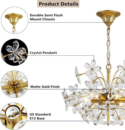 6-Light Gold Flower Crystal Chandelier 18'' Hanging Light Fixture with Height Adjustable Chain Farmhouse Chandelier for Dining Room, Living Room, Kitchen, Bedroom, Entryway, E12 Base (AJ9011)