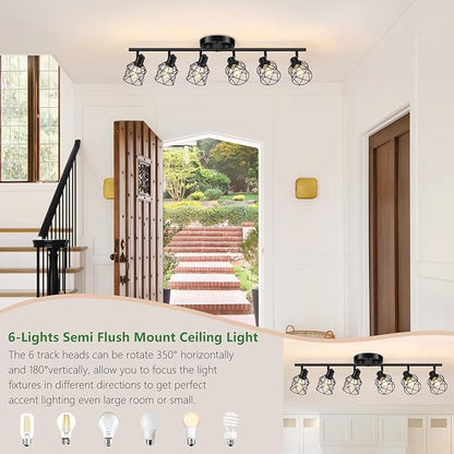 Baocuz 6-Lights Black Semi Flush Mount Ceiling Light, Multi-Directional Ceiling Light Fixtures, Rotatable Kitchen Track Lighting Fixtures with Wire Cages for Living Room, Dining Table, Foyer