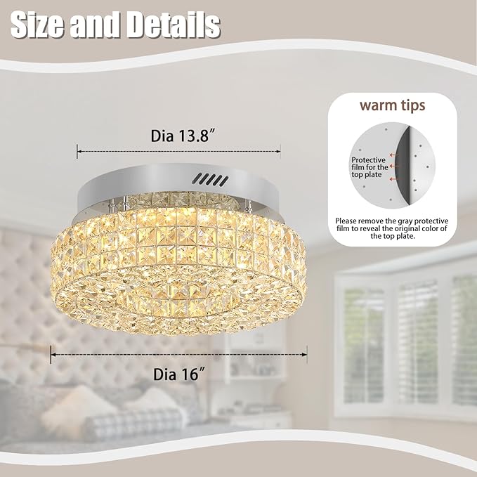 ykolupty 16" Crystal Chandeliers,Round Chandelier for Living Room Modern Flush Modern Crystal Ceiling Light Fixture for Foyer Bedrooms Dining Room Hallway Silver