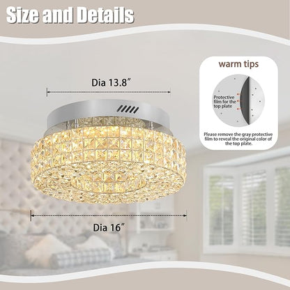 ykolupty 16" Crystal Chandeliers,Round Chandelier for Living Room Modern Flush Modern Crystal Ceiling Light Fixture for Foyer Bedrooms Dining Room Hallway Silver