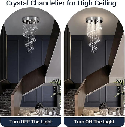FRIXCHUR Spiral Crystal Chandelier Modern Raindrop Flush Mount Pendant Light for High Ceilings 5-Lights K9 Crystal Ball Chandeliers for Dining Room Kitchen Hallay D15.7 * H35.4