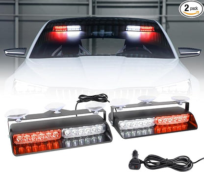 2-In-1 Red & White LED Windshield Dash Strobe Lights, 26 Modes 12/24V Red White Warning Light, Emergency Traffic Advisor Front/Rear Window Dash Strobe Lights for Trucks Vehicles