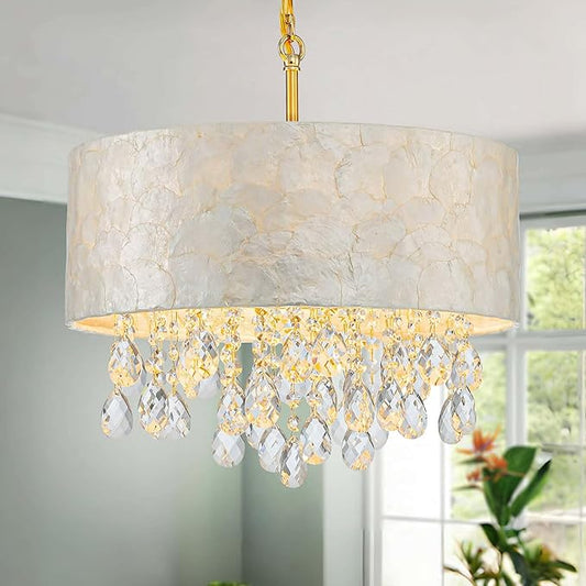 LumFurn D 16inch 4-Light Drum Capiz Shell Crystal Chandeliers, Coastal Style Pendant Light Fixture for Dining Room, Living Room, D16x20~67"(Adjustable Height), Shell Lampshade, Crystal & Gold Finish