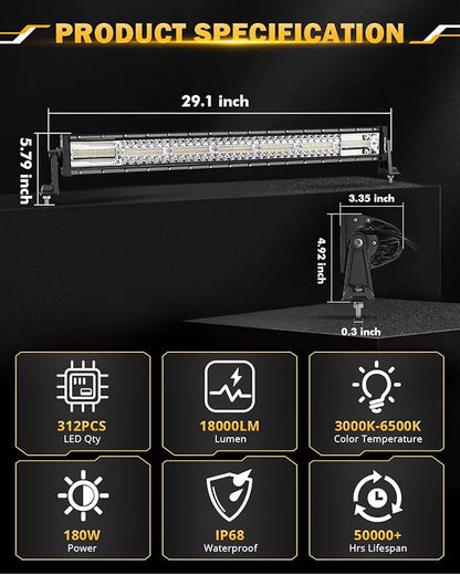 Auxbeam 30 Inch 180W LED Light Bar, 6 Modes Spot Flood Combo Offroad Lighting Amber White Strobe Fog Light, Memory Reset Function Waterproof Driving Work Light with Wiring Harness Kit