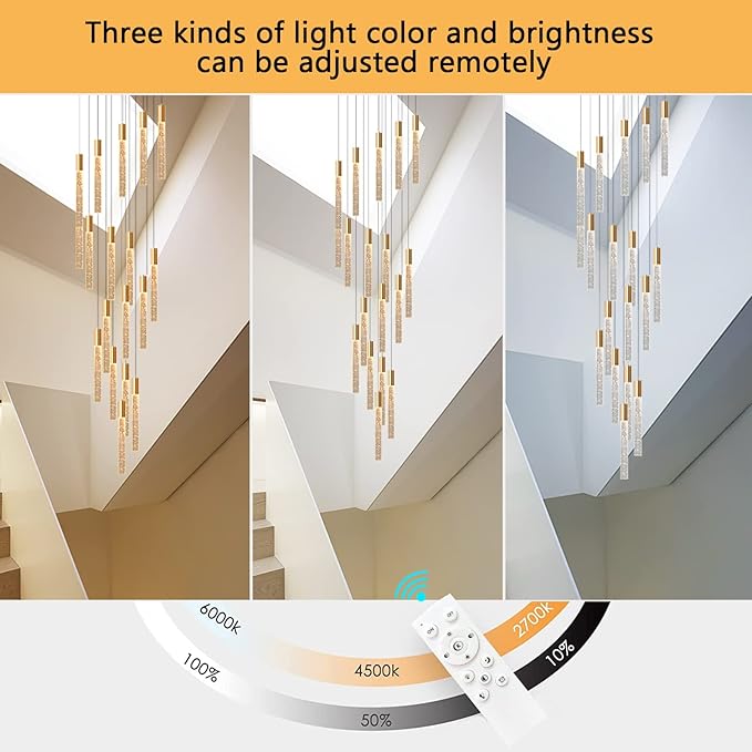 HAIXIANG 16 Foot Chandeliers for Living Room Entryway High Ceiling Light Fixtures Sloped Flush Mount Ceiling Pendant Lighting Dimmable Chandelier with Remote LED Crystal Pendants Lighting Gold Light