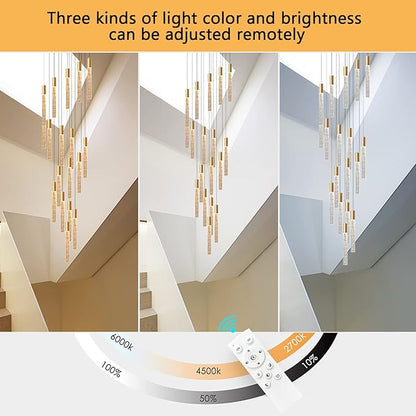 HAIXIANG 16 Foot Chandeliers for Living Room Entryway High Ceiling Light Fixtures Sloped Flush Mount Ceiling Pendant Lighting Dimmable Chandelier with Remote LED Crystal Pendants Lighting Gold Light