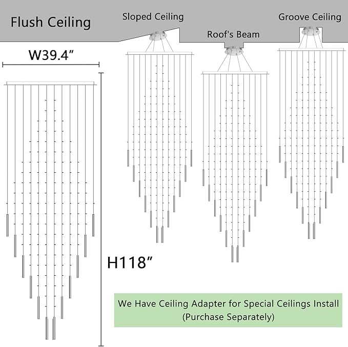 HAIXIANG W40 x H120 Glam Chandelier with LED Bulbs Square Chandeliers, Crystal Raindrop High Ceiling Pendant Light for Entrance Large Villa Chandelier Foyer Lighting Fixtures Silver