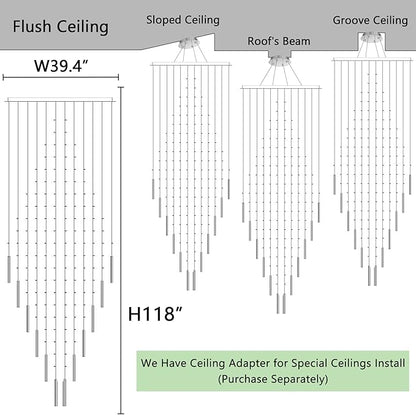 HAIXIANG W40 x H120 Glam Chandelier with LED Bulbs Square Chandeliers, Crystal Raindrop High Ceiling Pendant Light for Entrance Large Villa Chandelier Foyer Lighting Fixtures Silver