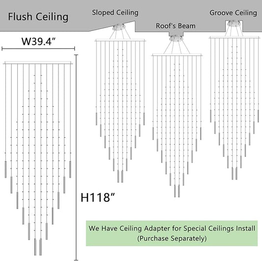 HAIXIANG W40 x H120 Glam Chandelier with LED Bulbs Square Chandeliers, Crystal Raindrop High Ceiling Pendant Light for Entrance Large Villa Chandelier Foyer Lighting Fixtures Silver