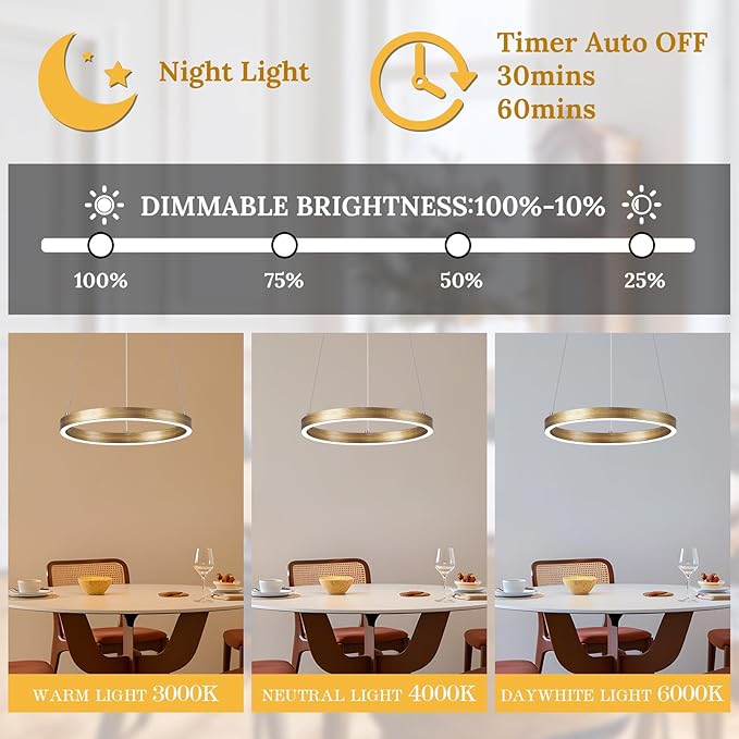 12in LED Ring Chandelier Brass Gold Modern Dimmable Pendant Light Height Adjustable Circular Hanging Ceiling Fixture for Kitchen Island Dining Table Entryway Sink