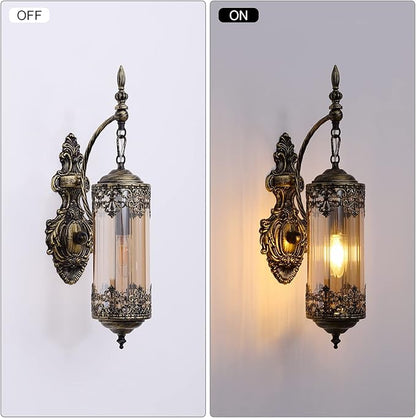 Vintage Wall Sconce with Amber Glass, Rustic Black Brushed Gold Farmhouse Wall Light Fixture, Antique Gothic Decorative Metal Wall Lamp for Hallway, Bedroom, Living Room, Entryway