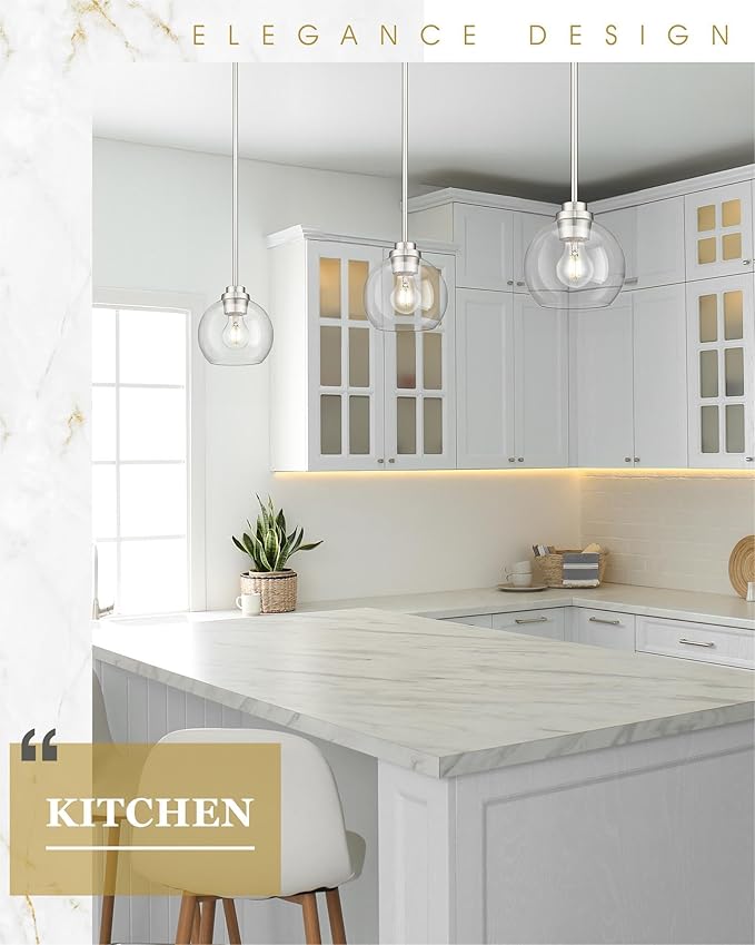 Pendant Lights Kitchen Island 2 Pack, 7" Modern Brushed Nickel Hanging Lights Fixtures with Clear Glass Globe Shade, Kitchen Island Lighting for Bathroom, AD-22280-1P2-SN-C