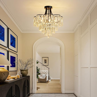 WUZUPS Crystal Chandelier Semi-Flushmount Ceiling Light Modern Lighting Fixture for Bedroom Hallway Entry Kitchen Bathroom, H 19.3" x W 18.3", E12 Base, Black