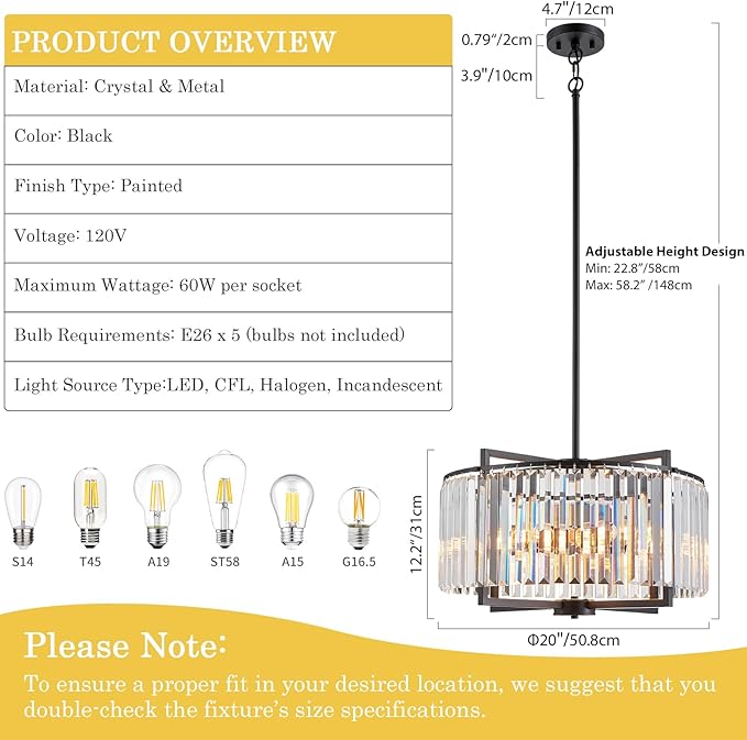 Black Crystal Chandelier Modern Drum Pendant Lighting Fixture for Dining Room, 20" Farmhouse Round 5-Light for Living Room Kitchen Island Bedroom Black